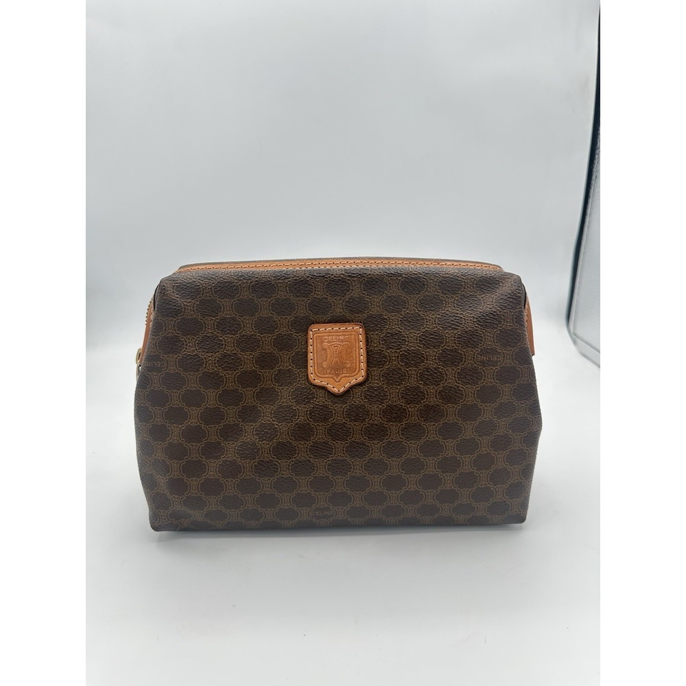 Celine Macadam pouch brown monogram coated canvas w/ tan leather trim Vintage